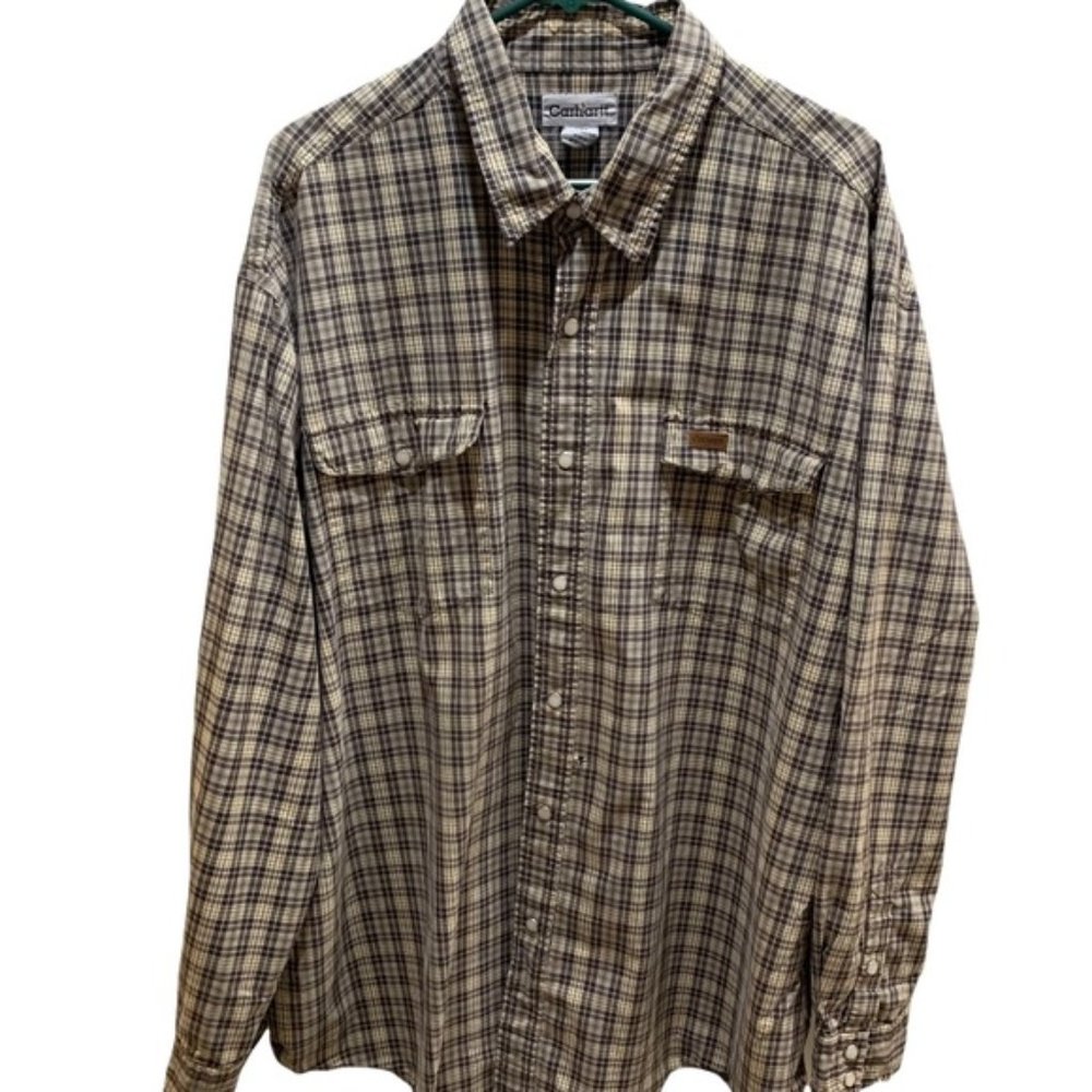 Carhartt Vintage Brown Plaid Western Cut Work Shirt Snap Front Sz 2XL